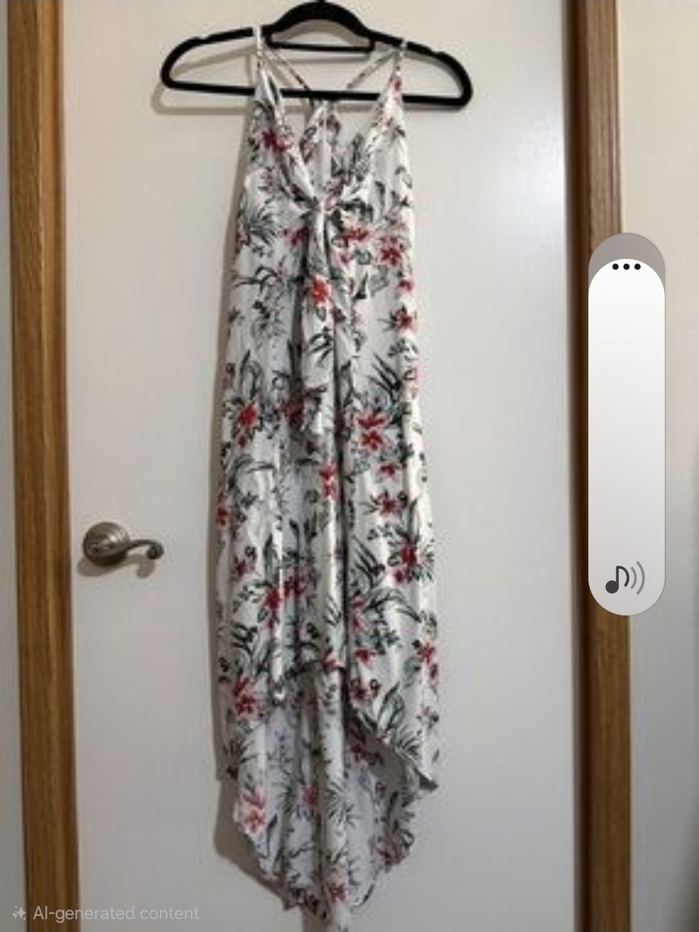 Takara white floral dress features a knotted detail at the bust and a high-low